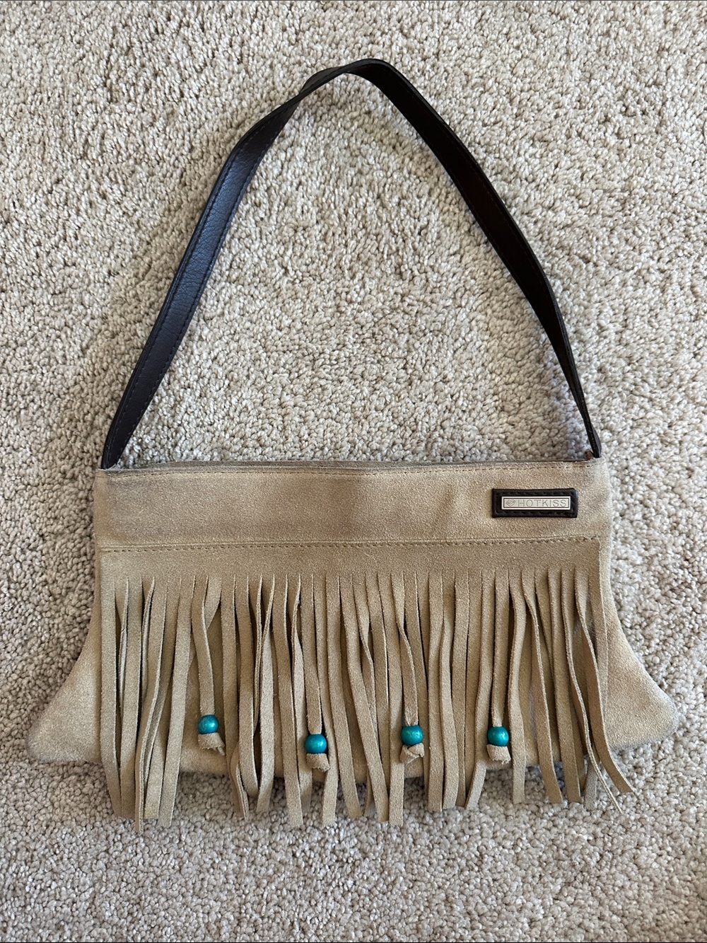 Hot Kiss Beige Suede Fringe Shoulder Bag with Turquoise Beads